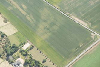 Oblique aerial view of the cropmarks of the unenclosed settlement settlement at Congalton, looking SE.