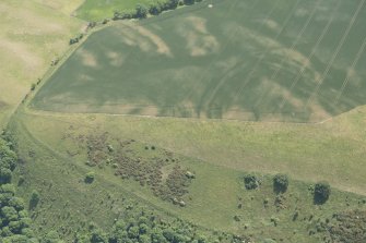 Oblique aerial view of the cropmarks of the forts on Doon Hill, looking SSE.