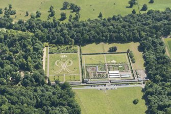 Oblique aerial view of formal gardens at Floors Castle, looking SE.