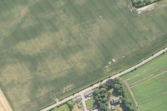 Oblique aerial view of the cropmarks of the cursus and other features at Preston Mains, looking S.