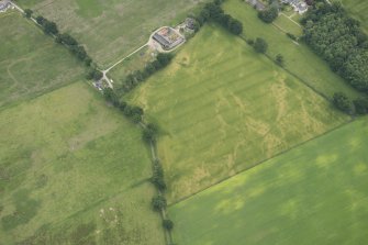 Oblique aerial view of the cropmarks of the pits and possible round house at Moniack Castle, looking E.