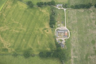 Oblique aerial view of the cropmarks of the pits and possible round house at Moniack Castle, looking NW.