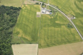 Oblique aerial view of the cropmarks of the ring ditch, looking SE.