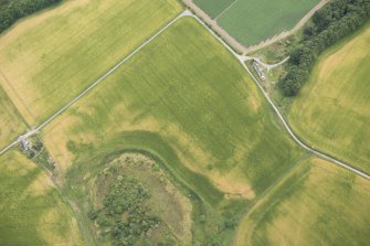 Oblique aerial view of the cropmarks of the enclosure, possible roundhouse and pits, looking E.