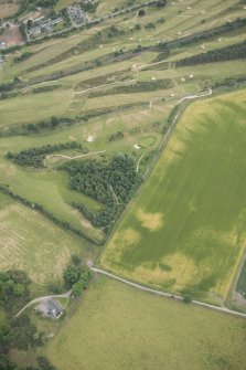 Oblique aerial view of the cropmarks of the enclosure, possible sunken floored building and pits, looking E.