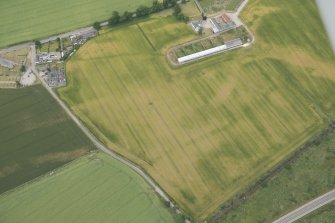 Oblique aerial view of the cropmarks of the enclosure and possible unenclosed settlement, looking SSE.