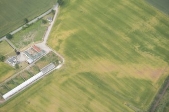 Oblique aerial view of the cropmarks of the enclosure and possible unenclosed settlement, looking S.