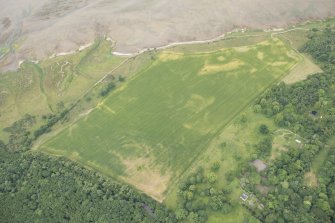 Oblique aerial view of fish traps and the cropmarks of the enclosures at Tarbat House, looking SSW.