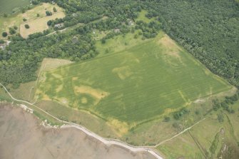 Oblique aerial view of a fish trap and the cropmarks of the enclosures at Tarbat House, looking WSW.