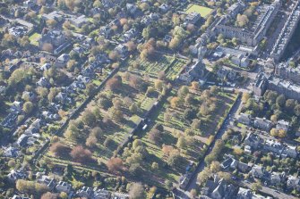 Oblique aerial view of Grange Cemetery and St Giles Parish Church, looking to the SW.