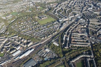 Oblique aerial view of the Edinburgh Tramway, Haymarket Motive Power Depot and Dalry, looking to the NE.