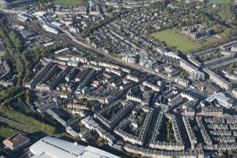 Oblique aerial view of the Edinburgh Tramway, Haymarket Motive Power Depot and Dalry, looking to the WNW.