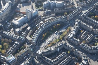 Oblique aerial view of the Edinburgh Tramway, Atholl Crescent and Coates Crescent, looking to the SW.