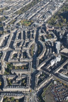 Oblique aerial view of the Edinburgh Tramway, Atholl Crescent and Coates Crescent, looking to the NE.