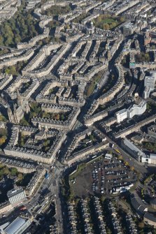 Oblique aerial view of the Edinburgh Tramway, Atholl Crescent and Coates Crescent, looking to the NNE.