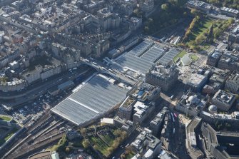 Oblique aerial view of Waverley Station and Balmoral Hotel, looking to the WSW.