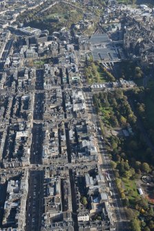 Oblique aerial view of Princes Street, George Street and the Edinburgh Tramway, looking to the SW.