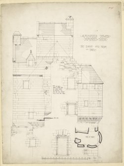East elevation of upper part of tower and plan of turret, Amisfield Tower.