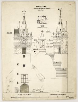 North west and north east elevations of tower, details and plan of top, St Adrian's Parish Church, Anstruther Easter.