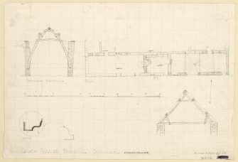 Draft survey plan, section showing cruck frame, section showing pitched roof structure and details of moulding profiles; Dornock, Dumfrieshire.