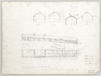 Survey drawing of cruck-framed building featuring; plan, west elevation and cruck sections; the Boual, Caithness.