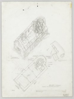 Survey drawing featuring a site plan and partly reconstructed axonometric view of cruck-framed kiln barn; Bruan, Caithness.