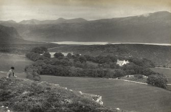 Distant view of hunting lodge.
Titled: 'Eriboll Lodge showing Foine Bhein, Ben Spionaidh, and Loch Eriboll.'
PHOTOGRAPH ALBUM No.16: EWING GILMORE ALBUM.