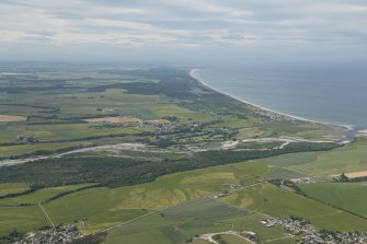 General oblique aerial view centred on Garmouth with Innes Links beyond, looking WNW.