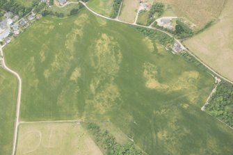 Oblique aerial view of the cropmarks of the ring ditch, possible building and pits, looking WNW.