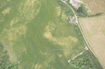 Oblique aerial view of the cropmarks of the ring ditch, possible building and pits, looking W.