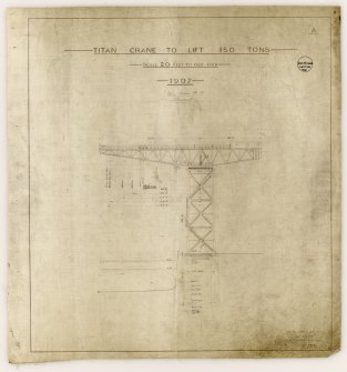 Elevation, specification details of John Brown Shipyard Cantilever Crane
Insc: 'Titan Crane to lift 150 Tons...Est.[imate] No. None Job No. 390 1906'
See MS/744/7/6
Signed: 'Civil Engineering Dept.'