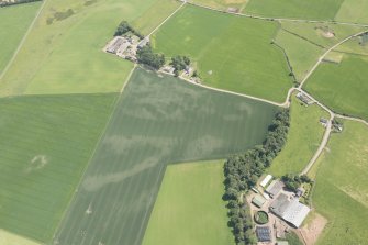 Oblique aerial view of the cropmarks of the rig, pits and souterrains with Cairndrum farmsteading adjacent, looking to the ESE.