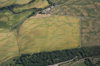 Oblique aerial view centred on the cropmarks of the unenclosed settlement, barrows, timber halls, linear features and pits, looking NE.