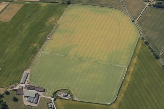 Oblique aerial view of cropmarks of the cursus, enclosures, ring ditches and barrows at Old Montrose, looking SW.