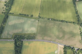 Oblique aerial view of the cropmarks of the unenclosed settlement, pits and rig, looking NW.