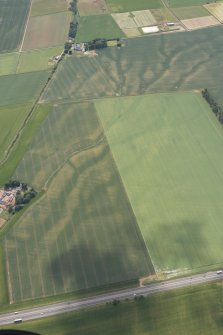 Oblique aerial view of the cropmarks (natural in the main) at Powburn, looking SSE.