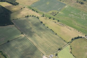 Oblique aerial view of the cropmarks at between Chapelhill and the Cowgask Burn, looking SE.