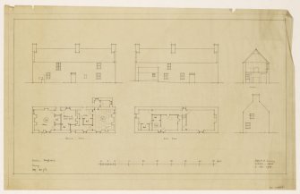 Ground and first floor plans, front and rear elevations and section.