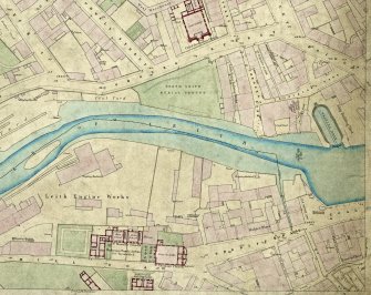 Extract from the 1:500  scale Ordnance Survey map of Edinburgh and its Environs, sheet 12 (1853) annotated with the positions of the medieval bridge over the Water of Leith (NT27NE 7) and St. Ninian's bridge chapel (NT27SE 8.00) at the N end of the bridge.