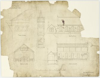 Biggar, Kirkstyle, Moat Park Church, formerly United Presbyterian Church. Elevations and detail.
Plans, sections, and elevations, including masonry and seating details.