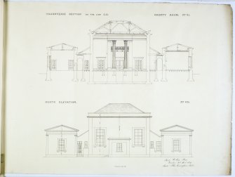 Transverse Section on the line CD and North Elevation. County Room No. VI and No. VII.
Lithograph copy of drawings by John Cunningham, Archt.