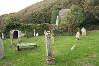 General view looking across the burial ground to the church and burial aisle, taken from the south.