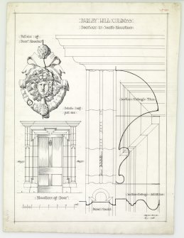 Doorway in south elevation of Parleyhill House, Culross with fullsize door knocker, elevations and sections.