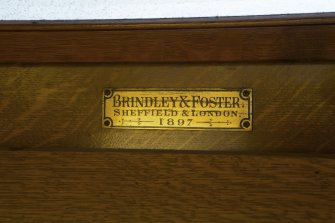 Ground floor,  Music Room, Mackintosh organ, detail of maker's nameplate 'Brindley & Foster, Sheffield & London 1897'