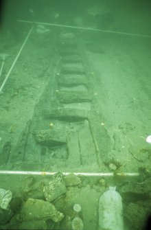 Oblique view of starboard structure looking aft. The temporary scaffold grid is 5m square, and the triangular markers are set to form 1m squares. (Colin Martin)