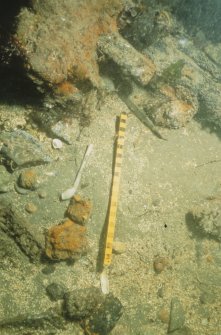A pipe in situ on the wreck-site in 1992. Scale in centimetres. (Archaeological Diving Unit)