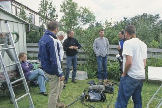 The crew and presenters of Channel 4’s Wreck Detectives series during filming in the garden of the project’s field base at Lochaline in 2003. (Edward Martin)