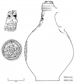 Frechen salt-glazed stoneware bottle (DP01/121, 120) with sprigged face-mask and escutcheon (Bartmann). In two pieces, and missing most of its handle. Scale 5 centimetres. (Colin Martin)
