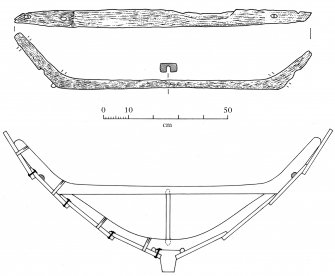 Top and side views of the bite found at the N end of the loch by Dr David Macfadyen in 2000. Below is a reconstruction of how it might have fitted into the midships section of a four-oared boat of the Norse faering type. (Colin Martin)