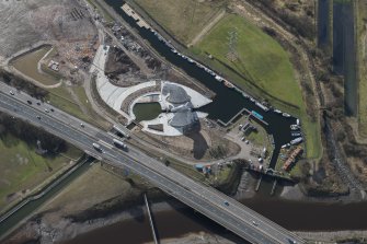 Oblique aerial view of the Kelpies, looking SSW.